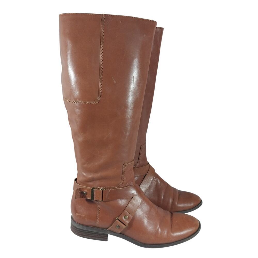 NINE WEST! BLOGGER PECAN BROWN GENUINE LEATHER CRISS-CROSS STRAP BOOTS! SZ 8.5M